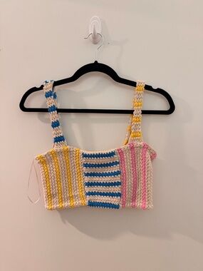 Crocheted Striped Crop Top in Yellow, Blue & Pink
